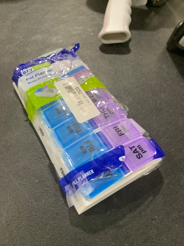 Photo 1 of EZY DOSE Weekly (7-Day) AM/PM Pill Organizer, Vitamin and Medicine Box, Large Pop-out Compartments, 2 Times a Day, Blue and Purple Lids