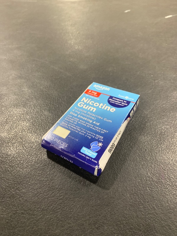 Photo 1 of Amazon Basic Care Nicotine Polacrilex Coated Gum, 4 mg (Nicotine), Ice Mint Flavor, Stop Smoking Aid, 20 Count