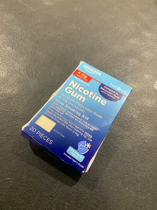 Photo 1 of Amazon Basic Care Nicotine Polacrilex Coated Gum, 4 mg (Nicotine), Ice Mint Flavor, Stop Smoking Aid, 20 Count exp 2026 sep
