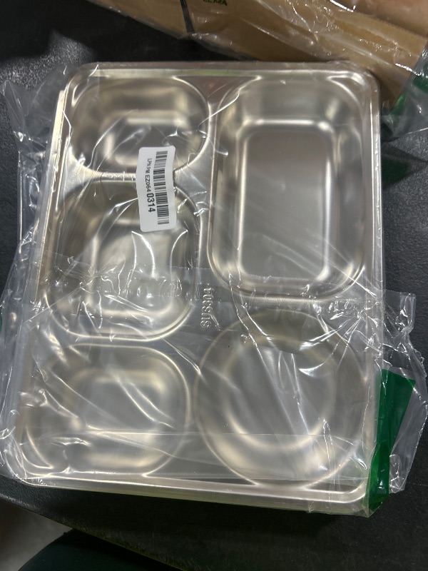 Photo 1 of AIYoo Set of 2 Stainless Steel Rectangular Divided Plates Tray 5 Sections Dinner Plates for Adults - Unbreakable Metal Plate for Campers, and Portion Control Reusable Plate