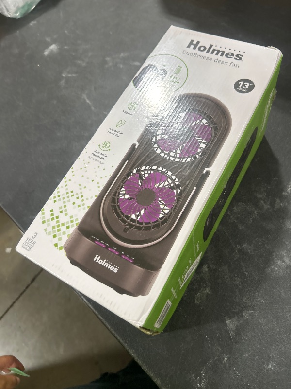 Photo 1 of Holmes DuoBreeze Dual Purple Blade 13” Desk Fan – Clean Breeze Technology, Adjustable Tilt Head, 3 Speeds, Space-Saving Design, Easy to Clean, 8-Hour Timer – Ideal for Home or Office Use