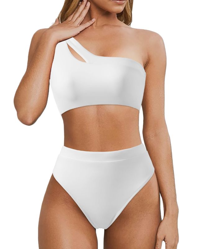 Photo 1 of MOOSLOVER Women Cutout One Shoulder High Waisted Bikini High Cut Two Piece Swimsuits(XL,White)