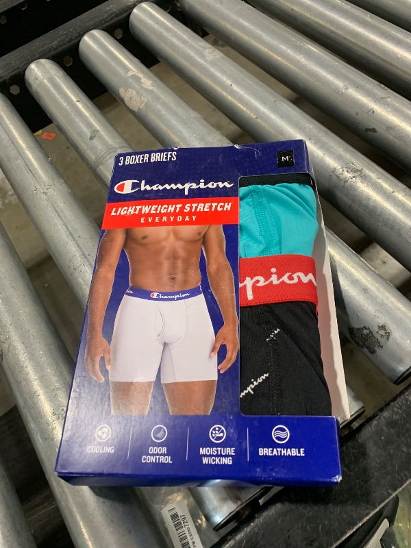 Photo 1 of Champion Men's Underwear Boxer Briefs, Everyday Active, Lightweight Stretch, Multi-Pack, Black with Script Logo/Electric Cyan/Scarlet-3 Pack, Medium