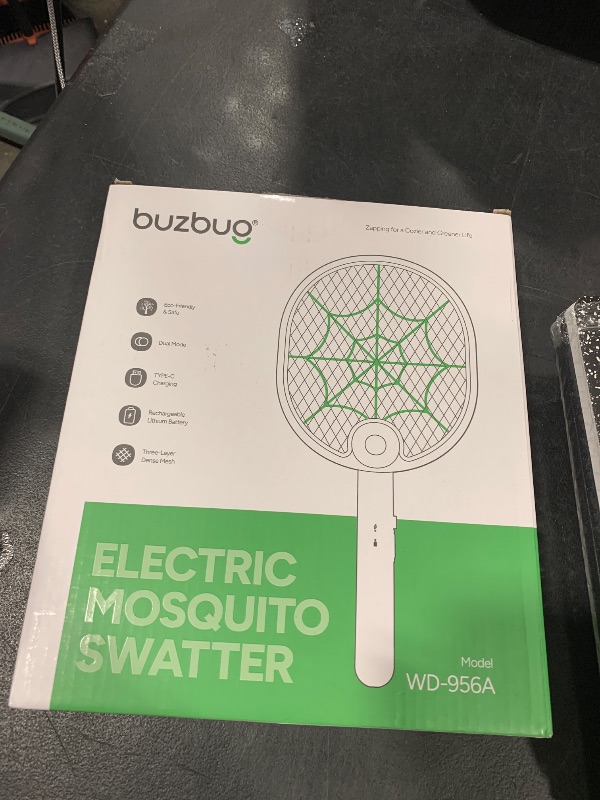 Photo 1 of Buzbug Electric Fly Swatter, Type-C Rechargeable Mosquito Swatter, Foldable, Dual Handheld and Auto Zap Mode, 3800V Powerful Instant Bug Zapper Racket, Mosquito Bat for Indoor Outdoor Camping -WD956A