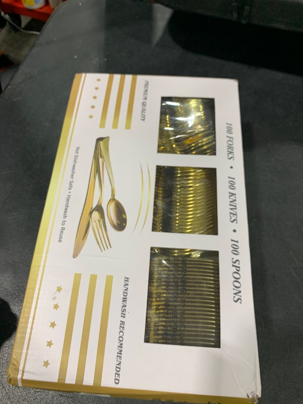 Photo 1 of N9R 300PCS Gold Plastic Silverware, Heavy Duty Gold Plastic Cutlery Set Disposable Flatware Dinnerware, 100 Forks, 100 Spoons, 100 Knives, Perfect for Party, Wedding and Daily Use
