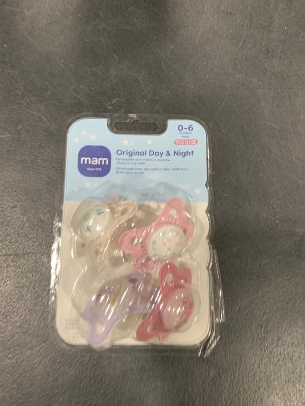 Photo 1 of MAM Original Day & Night Pacifiers, Binky Pacifier for 0-6 Months, BPA-Free Silicone, Glows in The Dark, Best for Newborn Babies, Developed with Medical Experts, 4 Count Binkies