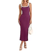 Photo 1 of ZESICA Women's 2025 Summer Bodycon Midi Dress Casual Sleeveless Square Neck Side Slit Knit Vacation Long Dresses
