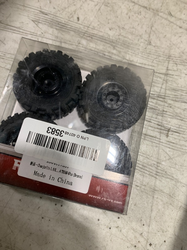 Photo 1 of Chanjorlin 1.0 RC Tires and Beadlock Wheels Rims Offset -2.5mm 1/24 1/18 Super Soft Sticky Mud Slingers Tyres for 1:24 1:18 Rock Crawler Car Axial SCX24 FMS AX24 FCX18 FCX24 TRX4M 4Pcs (Bronze)