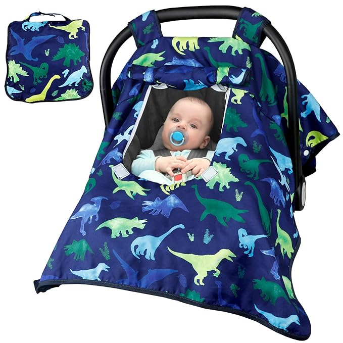 Photo 1 of Carseat Cover Boy, Winter Baby Carseat Seat Cover, Carseat Canopy Cozy & Warm Cover with Peep Windows, Blue Dinosaur Stuff