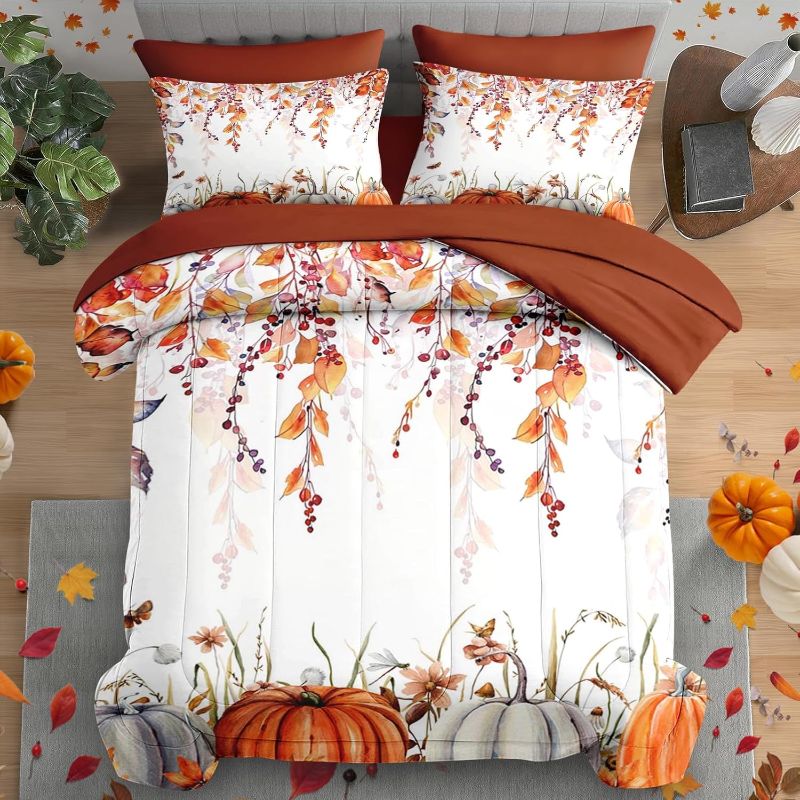 Photo 1 of Fall Comforter Set Twin Size, Pumpkin Eucalyptus Leaves 5 Pcs Bedding Set for Kids and Adults, Autumn Watercolor Bed Sheet Sets with Fitted Sheet Pillowcase & Sham for Bedroom Bed Decor
