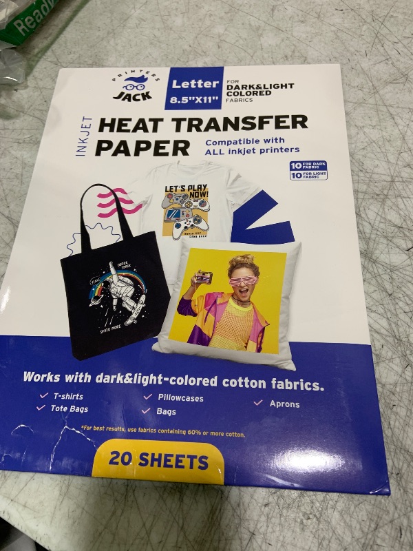 Photo 1 of Printers Jack Iron-On Heat Transfer Paper Dark & Light Bundle, 10 for Dark Fabric + 10 for Light Fabric, 8.5"x11.7" T-Shirt Transfer Paper for Inkjet Printer Wash Durable, Long Lasting Transfer