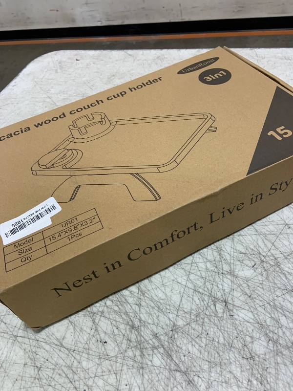 Photo 1 of UrbanRoost Acacia Wood Couch Arm Tray,3 in 1 Large Clip on Couch Arm Table with 360° Rotated Phone Holder and Cup Holder, 15.35"x9.85"