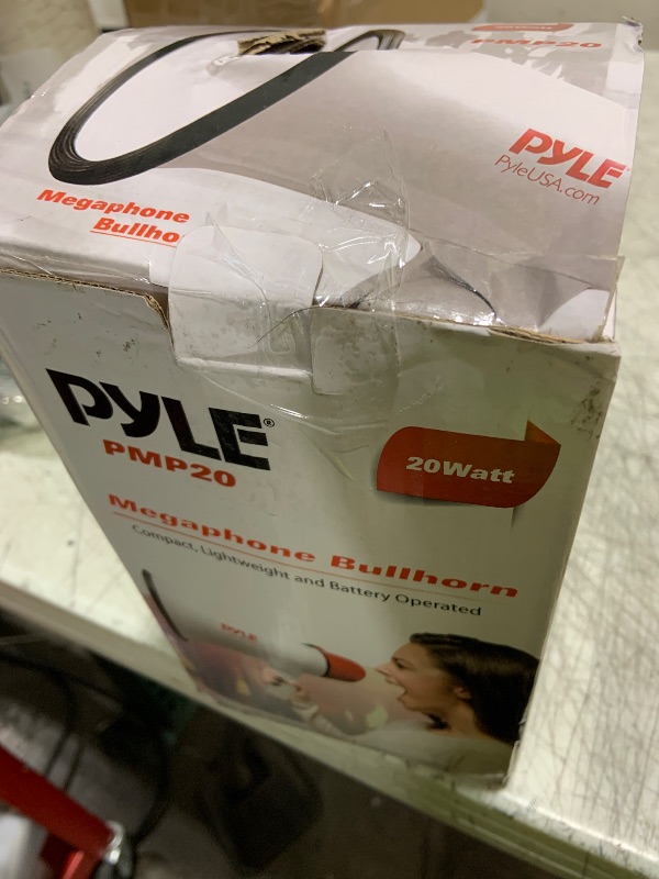 Photo 1 of Pyle 20W Megaphone Bullhorn - 5.4'' x 8.6'' Portable Megaphone, Projection Range Up to 800 Sq. Yards, Voice Talking & Siren Alert, Shoulder Strap, Battery Operated, (White)