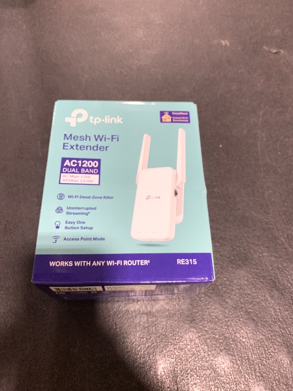 Photo 1 of TP-Link AC1200 WiFi Extender, 2025 Wirecutter Best WiFi Extender, 1.2Gbps Home Signal Booster, Dual Band 5GHz/2.4GHz, Up to 1600 Sq.ft and 32 Devices, EasyMesh Compatible, One Ethernet Port (RE315)