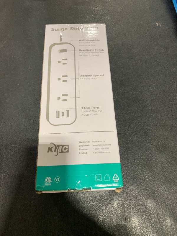 Photo 1 of KMC USB-C PD Surge Protector 3-Outlet Power Strip 2-Pack, 30W Power Delivery USB-C Port, 2 USB-A Ports, 980J Surge Protection, 6-Foot Extension Cord, White