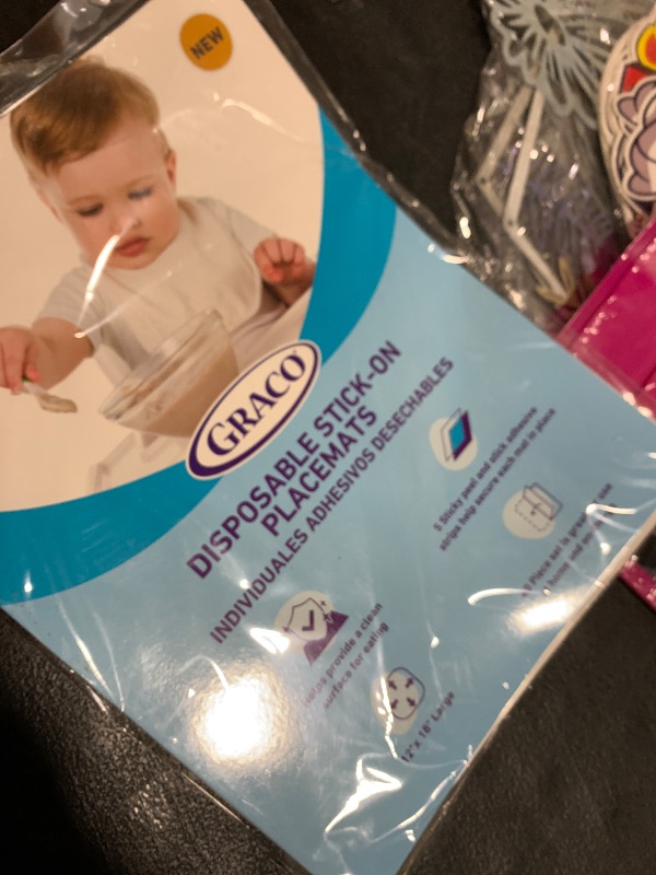 Photo 1 of Graco Baby Disposable Stick-On Placemats – 40 Count (4 Designs, 10 Each), 12" x 18", Adhesive Table Mats for Mealtime, Home & Restaurant Use, Eco-Friendly
