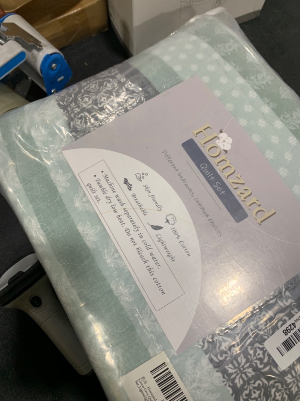 Photo 1 of Homzard Quilts Queen Size,Cotton Queen Comforter Set,Mint Green Grey Bed Set,Striped Bedding,Lightweight Bedspreads All Season 3 Piece