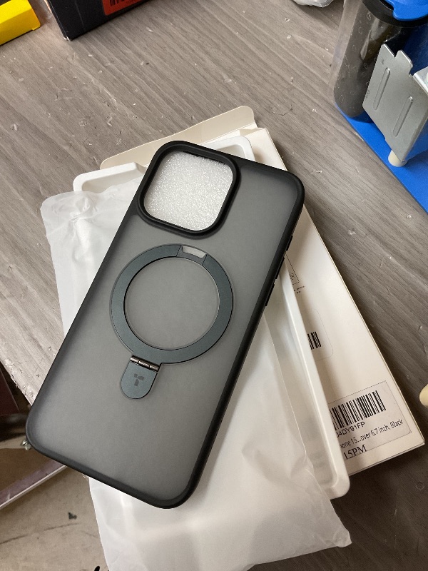Photo 1 of TORRAS PHONE CASE for iPhone 15 Pro Max Case Clear/ matte black with Kickstand 360°Rotatable Invisible Magnetic Ring Stand [Compatible with MagSafe] [Drop Protection] Transparent Slim Phone Grip Cover 6.7 inch, Clear Black