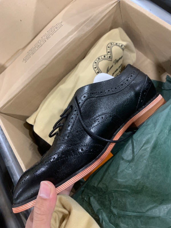 Photo 1 of Mona flying Women's Stacked Heel Wingtip Oxfords Ladies Comfortable Lace-up Leather Brogue Shoes Pure Black
