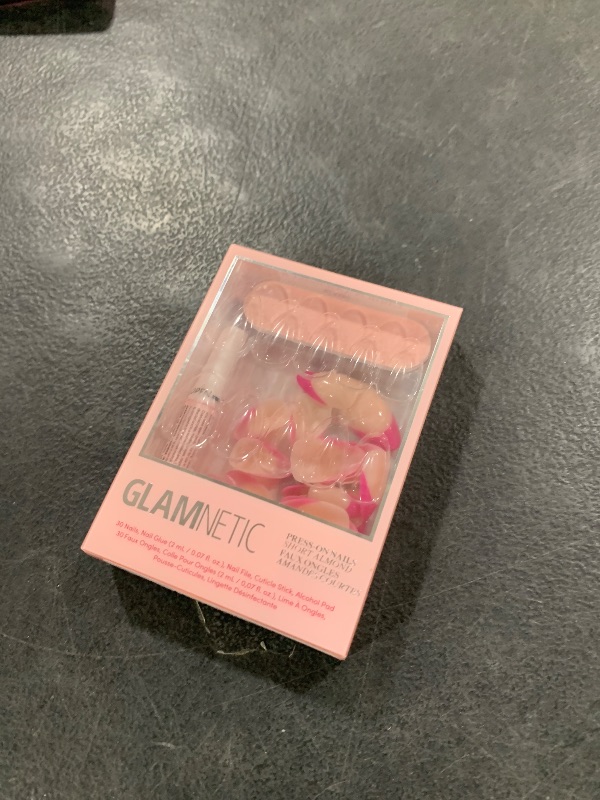 Photo 1 of Glamnetic Press On Nails - Raspberry Sorbet | Semi-Transparent Dark Pink Magenta French Tip Short Almond Fake Nails in a Glossy Finish, Salon Quality | 15 Sizes - 30 Nail Kit