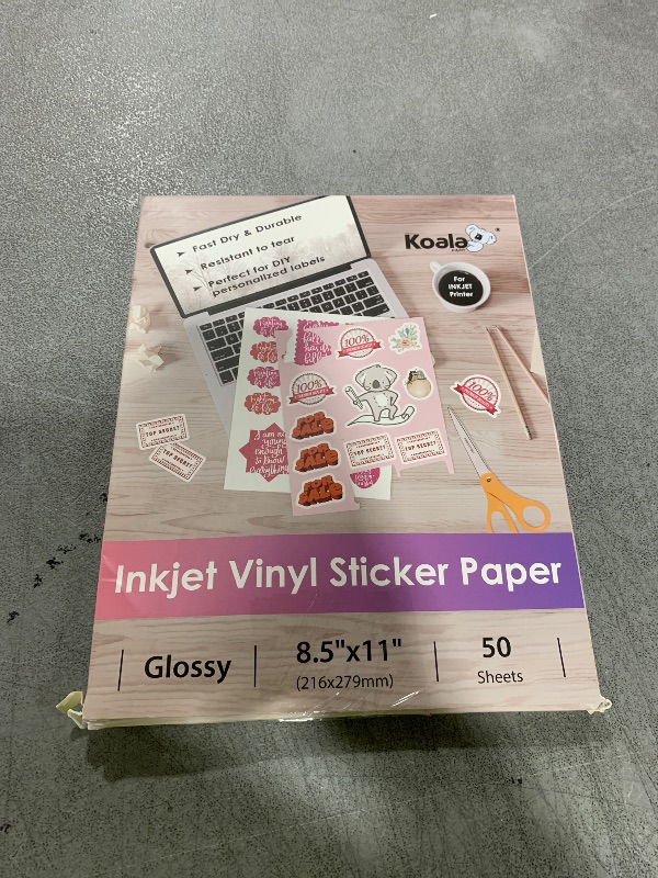 Photo 1 of Koala Printable Vinyl Sticker Paper for Inkjet Printer - 50 Sheets White Glossy Sticker Paper, Waterproof Sticker Printer Paper 8.5x11 Inch, Tear-Resistant, Removable