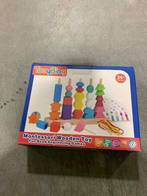 Photo 1 of Montessori Toys for 2 3 4 Year Old Kid Boy Girl Toddler, Montessori Wooden Beads Sequencing Toy Set, Lacing Beads & Stacking Block & Matching Shape Stacker, STEM Preschool Learning Toy Birthday Gift