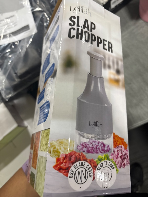 Photo 1 of Food Chopper, Slap Chop, Handheld Veggie Chopper for Vegetable, Onion, Garlic, Nut, Hand Vegetable Cutter, Dishwasher-safe, Stainless Steel Blade, – Dishwasher Safe, Easy to Clean (Light Gray)