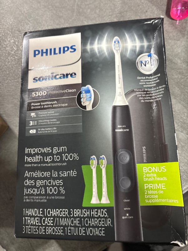 Photo 1 of Philips Sonicare ProtectiveClean 5300 Rechargeable Electric Toothbrush, with Pressure Sensor, 3 Cleaning Modes, SmarTimer and QuadPacer, with 2 Bonus Brush Heads, Travel Case, Black, Model HX6423/34