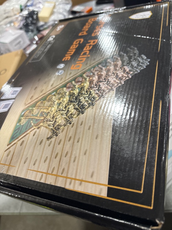 Photo 1 of Jyquorp Horse Race Board Game Racing Game Thickened Solid Wood with 11 Luxurious Durable Classic Metal Horses with 2 Dice and 2 Boxes of Cards Horse Racing Game (Log Color, Rectangle)