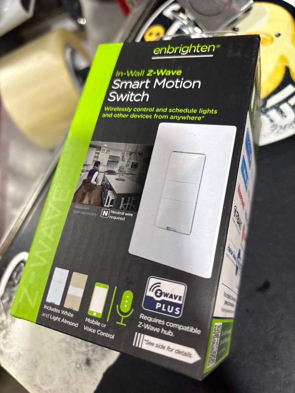Photo 1 of Enbrighten Z-Wave Smart Motion Sensor Light Indoor, On/Off, Vacancy/Occupancy Sensor, Includes White & Almond, Zwave Hub Required, Works with SmartThings, Wink, & Alexa, Smart Light Switch, 26931