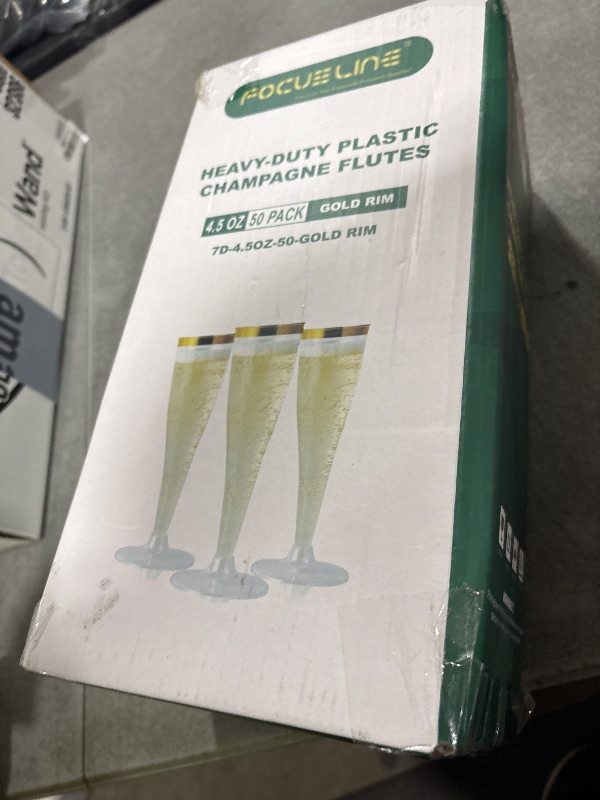 Photo 1 of FOCUSLINE 50 Pack Plastic Champagne Flutes, 4.5 Oz Gold Rim Disposable Champagne Glasses for Wine, Cocktails, Mimosas, Disposable Clear Toasting Glasses, Perfect for Parties and Any Celebrations