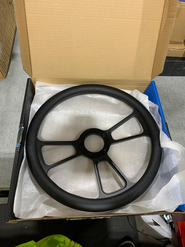 Photo 1 of ForeverSharp 5-Bolt Black Steering Wheel 14 Inch Aluminum with Black Vinyl Wrap and Chevy Horn Button
