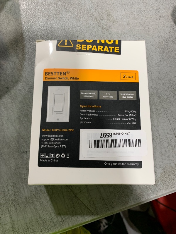 Photo 1 of BESTTEN 2 Pack Dimmer Light Switch, Universal Lighting Control, Single Pole or 3 Way, Compatible with LED Dimmable Lamp, CFL, Incandescent, Halogen Bulb, Decorator Wallplate Included, UL Listed, White