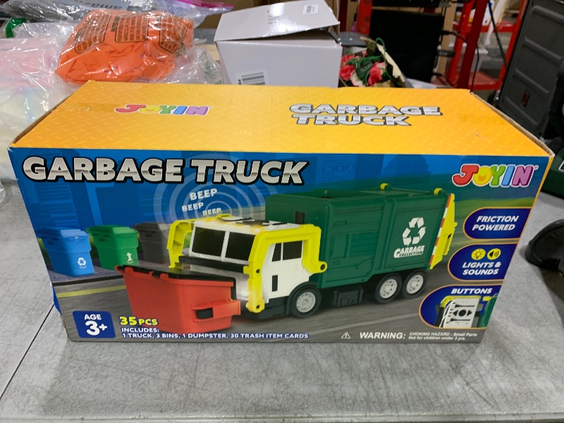 Photo 1 of JOYIN Large Friction Powered Garbage Truck Toy Set, Includes Dumpster, Trash Bins, and Learning Cards for Kids, Boy Toys Birthday Gift for Boys Girls Kids Toddler Gift for Christmas
