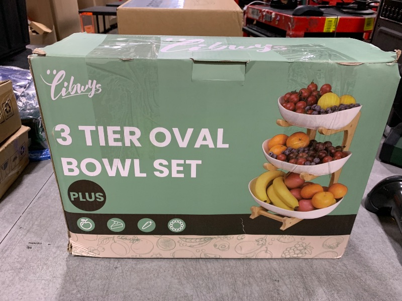Photo 1 of BIG BOWL IS CHIPPED ----------------------------------Seven Sparta 3 Tier Fruit Bowl for Kitchen Counter (PLUS Series) / Ceramic Serving Bowls with Bamboo Stand/Big Size Tiered Fruit Basket for Fruit Vegetable Storage, Dessert, Salad Buffet Server