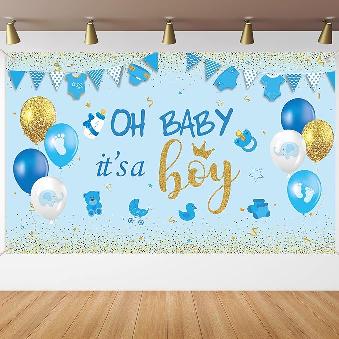 Photo 1 of Oh Baby It's A Boy Baby Shower Party Decorations Large Size Blue Baby Shower Birthday Banner Backdrop Photo Booth Background for Boy's Baby Shower Party Supplies (Blue Boy)