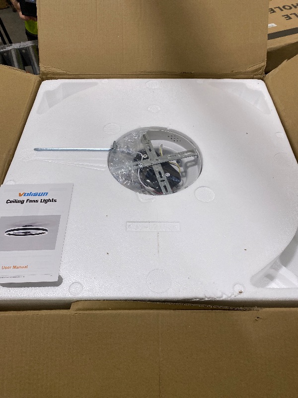 Photo 1 of VOLISUN Low Profile Ceiling Fans with Lights and Remote, 23.6in Flush Mount Ceiling Fans with Light, 3000K-6500K Dimmable Fandelier LED Fan Light, White Bladeless Ceiling Fans with Lights for Bedroom