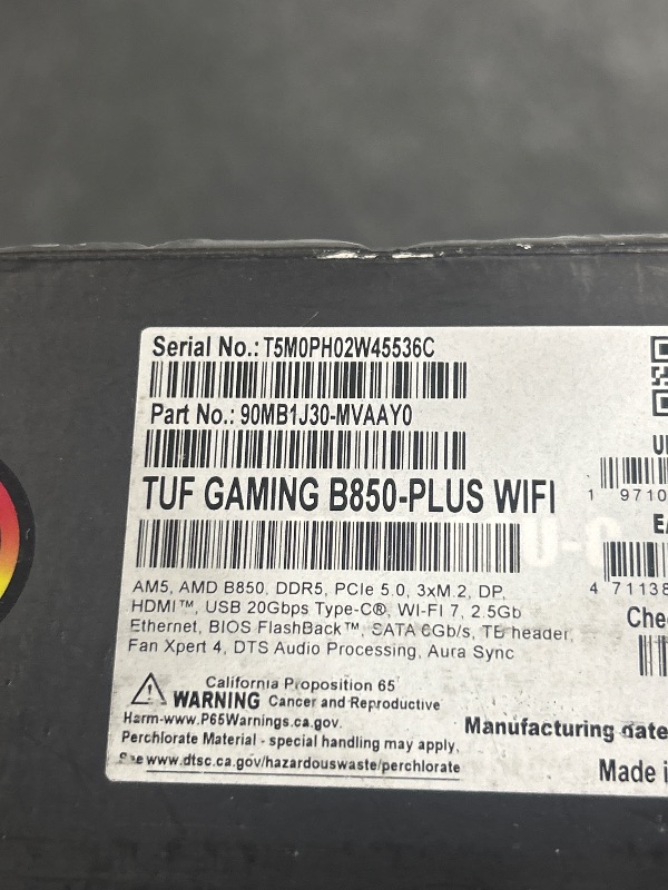 Photo 1 of ASUS TUF Gaming B850-PLUS WiFi AMD AM5 B850 ATX Motherboard, 14+2+1 80A Stages, AI Ready, DDR5, PCIe 5.0, 3X M.2, Wi-Fi 7, 2.5Gb LAN, DisplayPort, HDMI™, USB 10Gbps & 20Gbps Type-C®, BIOS Flashback™