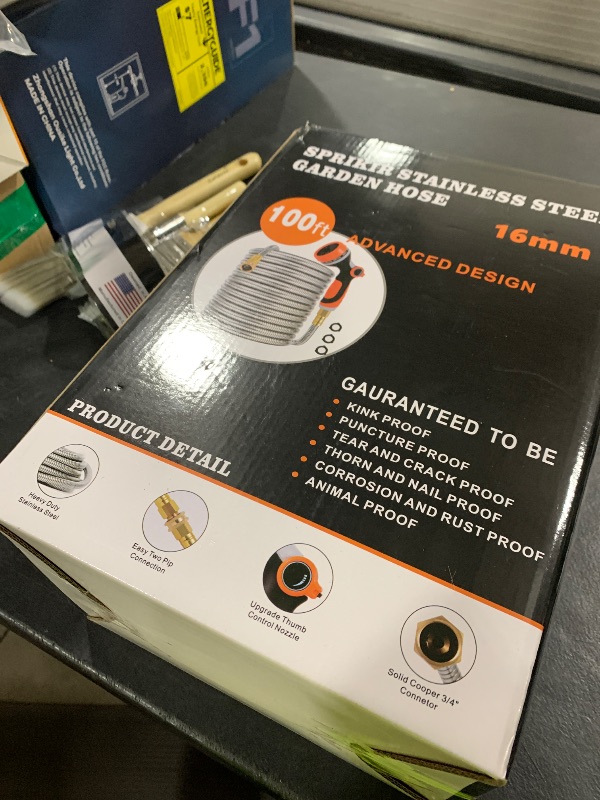 Photo 1 of SPRIKIR Metal Garden Hose 100 ft, Stainless Steel Water Hose 100ft with 10 Function Nozzle & 3/4 Copper Fitting, Heavy Duty & Flexible, Kink Free & Lightweight for Yard, Outdoor, Lawn, Patio & Car