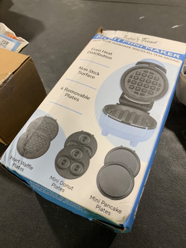 Photo 1 of Baker's Friend 4 in 1 Mini Waffle Maker with Removable Plates, Set Includes Mini Pancake, Donut, Heart Shape Waffle Makers, Compact Size, Recipe Included, Blue