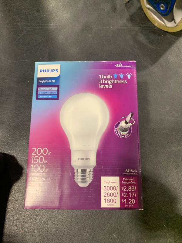Photo 1 of PHILIPS LED 200-150-100W A21 6-Pack BrightDial Daylight (5000K) 3000-2600-1600 Lumen (24-18-10W = 200-150-100W) Frosted Flicker-Free Light Bulbs