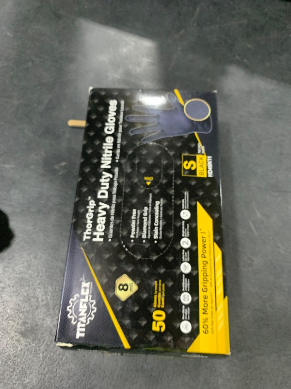 Photo 1 of TitanFlex Heavy Duty Black Industrial Nitrile Gloves, 8-mil, Small, Box of 50, Latex Free, Raised Diamond Texture, Powder Free, Food Safe, Rubber Gloves, Mechanic Gloves