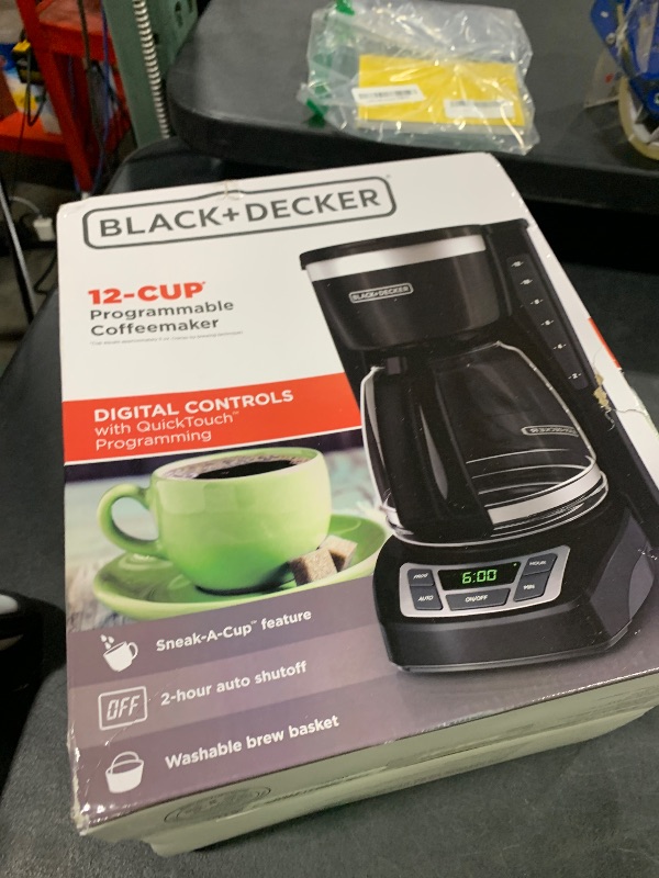 Photo 1 of BLACK+DECKER 12-Cup Digital Coffee Maker, Programmable, Washable Basket Filter, Sneak-A-Cup, Auto Brew, Water Window, Keep Hot Plate, Black