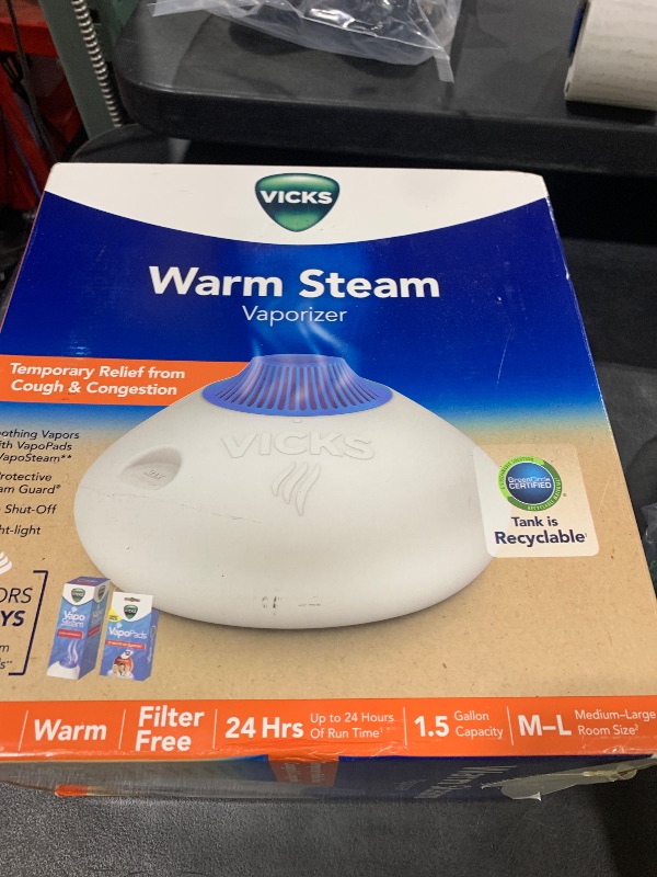 Photo 1 of Vicks Warm Steam Vaporizer, Small to Medium Rooms, 1.5 Gallon Tank – Warm Mist Humidifier for Baby and Kids Rooms with Night Light, Works with Vicks VapoPads and VapoSteam