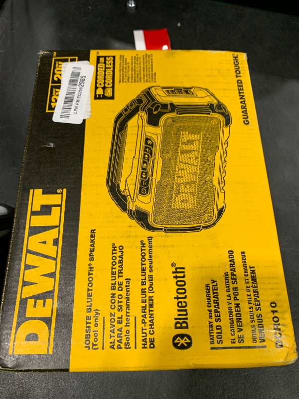 Photo 1 of DEWALT 20V MAX Bluetooth Speaker, 100 ft Range, Durable for Jobsites, Phone Holder Included, Lasts 8-10 Hours with Single Charge (DCR010)