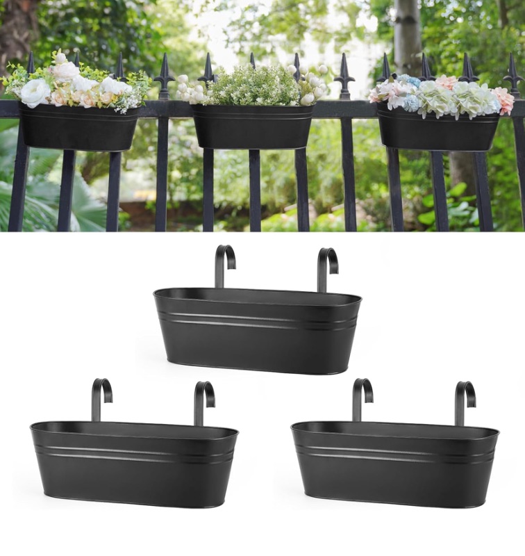 Photo 1 of Dahey 3 Pcs Metal Hanging Flower Pots for Railing Fence Outdoor Planter 15.7 Inch Hanging Bucket Pots Countryside Window Flower Plant Holder with Detachable Hooks for Garden Yard Home Decor,Black