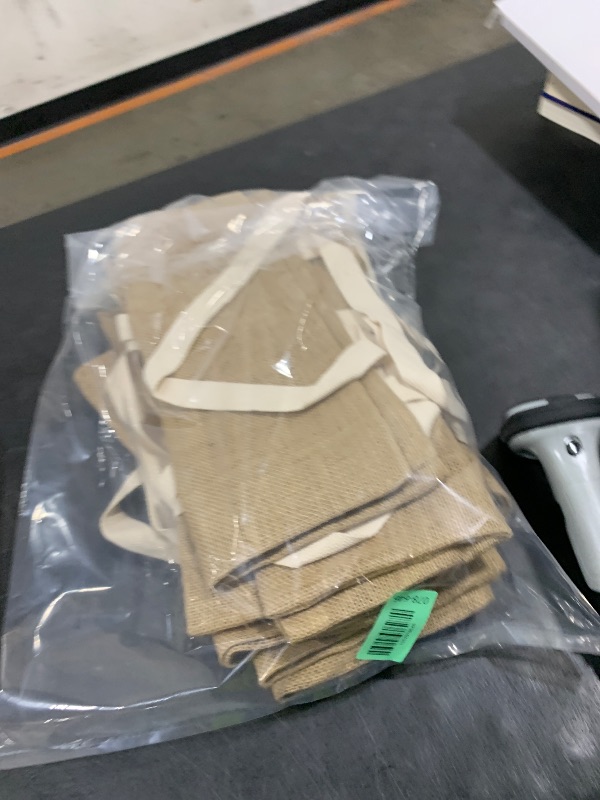 Photo 1 of Yoojahow 10 Pack Natural Jute Tote Bags with Handles Large Reusable Burlap Totes Blank Tote Sacks Grocery Bags for Webbing Bridesmaid Business Gift Travel Shopping Art DIY Crafts Bags