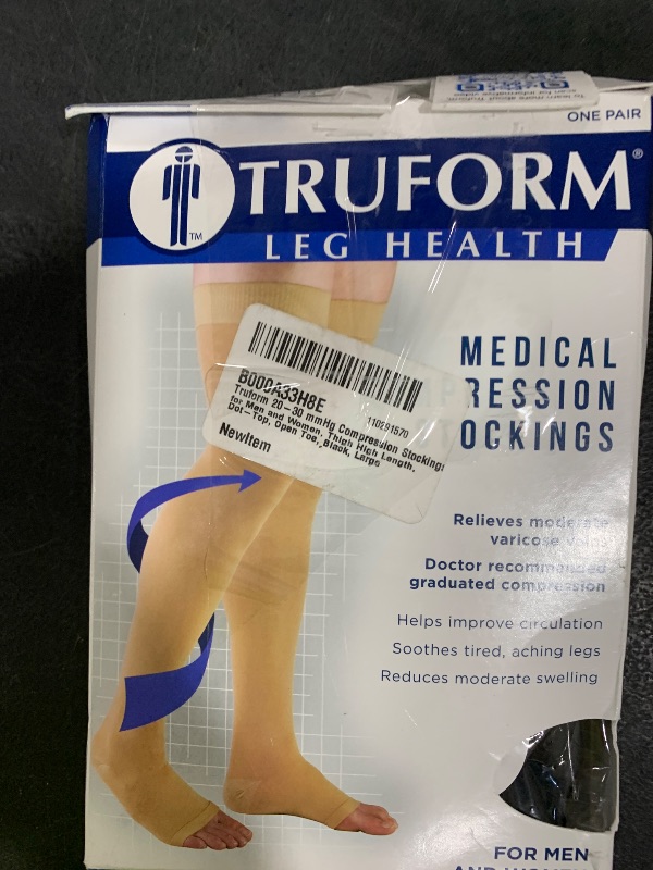 Photo 1 of Truform 20-30 mmHg Compression Stockings for Men and Women, Thigh High Length, Dot-Top, Open Toe, Black, Large