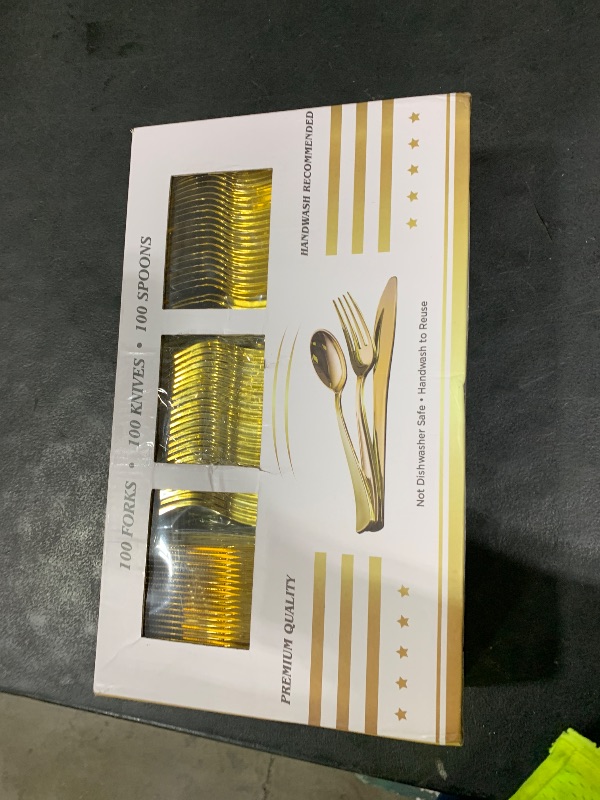 Photo 1 of N9R 300PCS Gold Plastic Silverware, Heavy Duty Gold Plastic Cutlery Set Disposable Flatware Dinnerware, 100 Forks, 100 Spoons, 100 Knives, Perfect for Party, Wedding and Daily Use