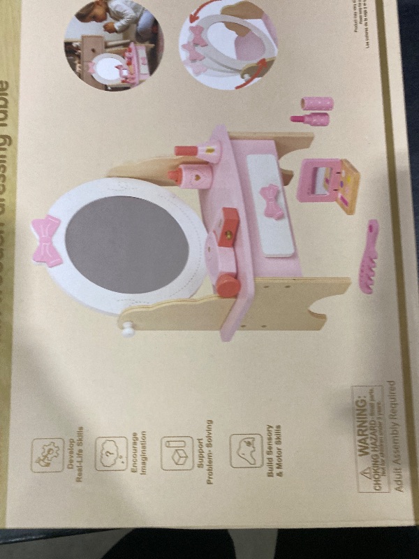 Photo 1 of WOODENFUN Wooden Vanity Set for Kids, Pretend Play Toddler Makeup Vanity Table Toys with 360° Rotatable Mirror, Beauty Salon Set Includes Makeup Accessories, Little Girls Gift Age 3+ (White)